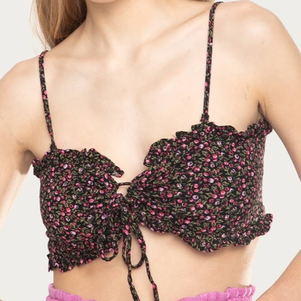 Free People Picnic Ruffle Bandeau Top in Black Removable Straps SIZE MEDIUM - Picture 2 of 7